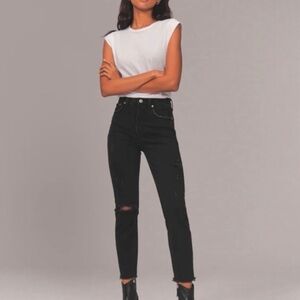 Abercrombie & Fitch A&F Curve Love Black Distressed Raw Hem High Rise Mom Jeans